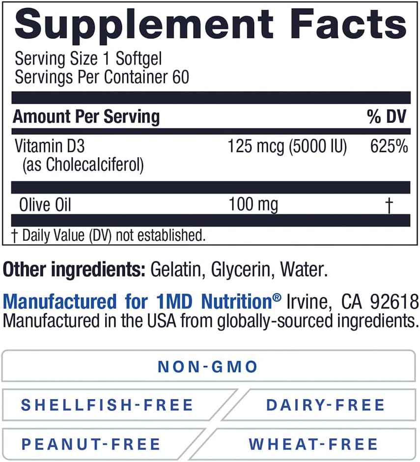 1MD Nutrition Vitamina D3 5000 IU – 60 Cápsulas Blandas – Salud Ósea e Inmunidad