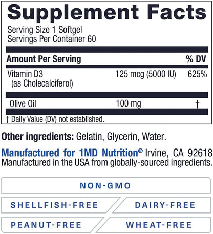 1MD Nutrition Vitamina D3 5000 IU – 60 – Sistema inmunitario : Apoya el funcionamiento normal del sistema – Image 4