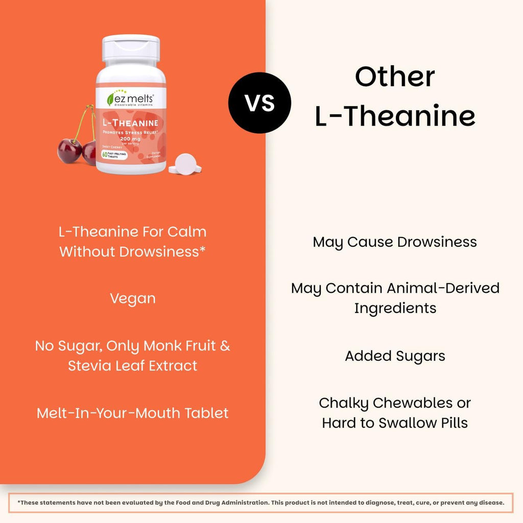 EZ Melts L-Teanina 200 mg - Suplemento para el Estrés y la Relajación - Sin Sabores Artificiales - Sin Somnolencia - No GMO y Vegano - Cereza Dulce - 60 Comprimidos Disolubles (30 Dosis)