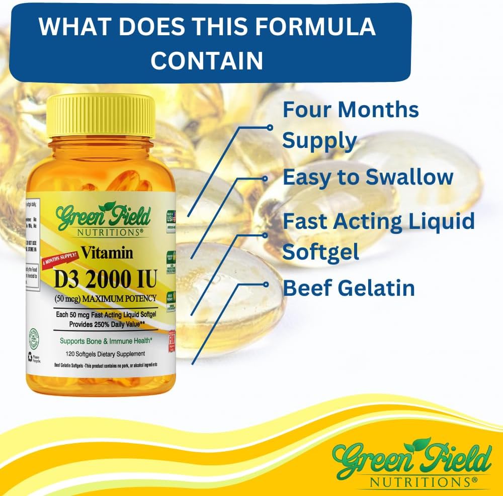 Greenfield Nutritions Vitamina D3 2000 UI Halal - 50 mcg, 120 Perlas Blandas