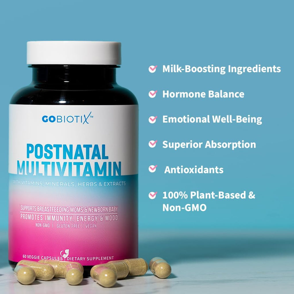 GOBIOTIX Vitaminas Postparto para Lactancia - Suplemento Postnatal con Moringa Orgánica, Vitaminas y Minerales para Madres Lactantes y el Bebé - No GMO, Vegano, 60 Cápsulas