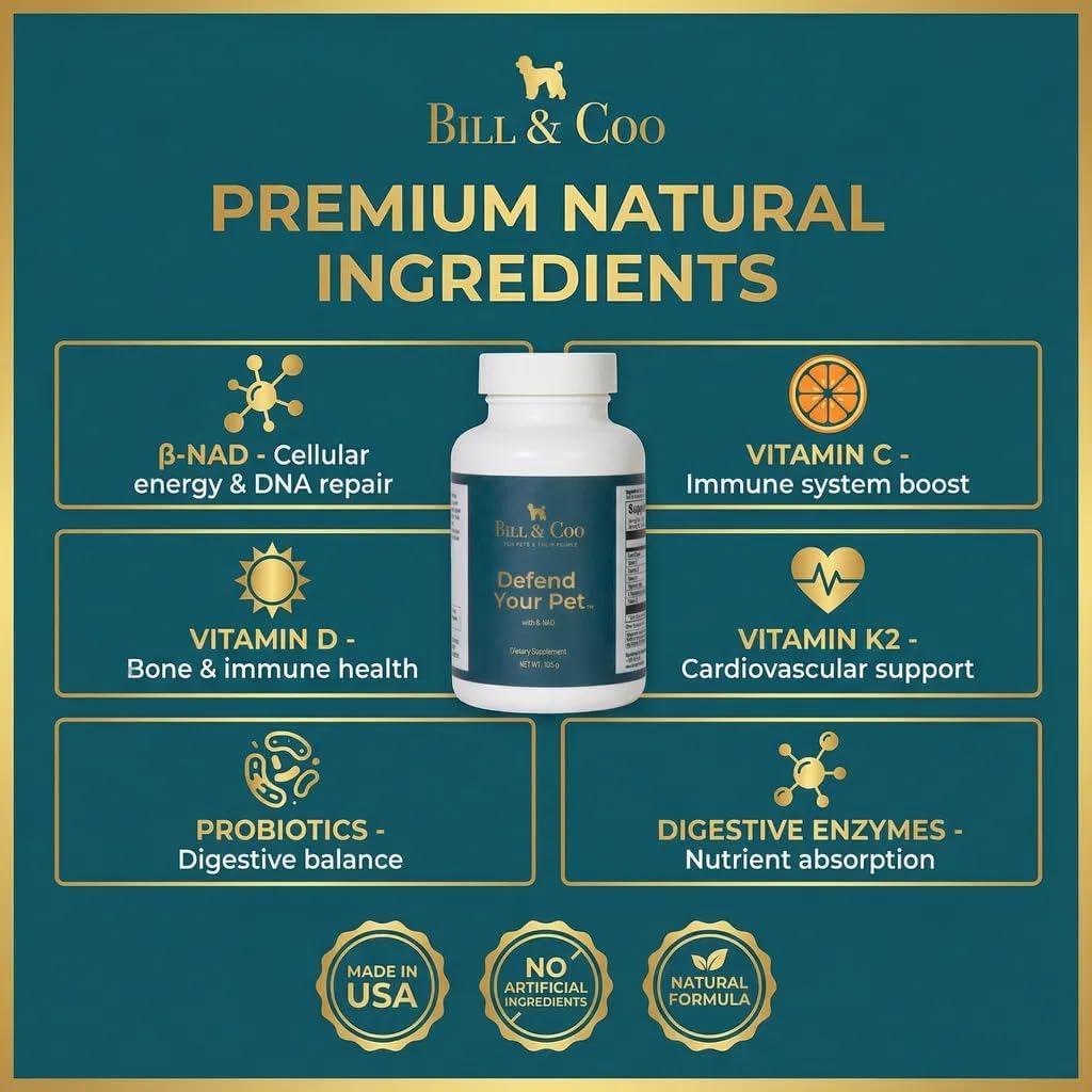 BILL & COO Defend Your Pet β-NAD Supplement for Senior Dogs – Advanced Cellular Anti-Aging with Vitamins C, D, K2, Probiotics & Digestive Enzymes – 105g