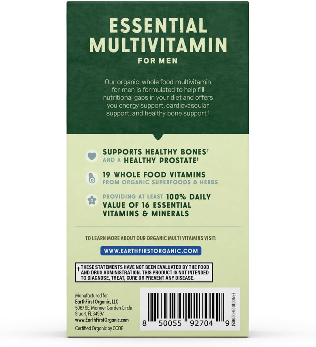 EarthFirst Organic Men's Multi Once Daily - Multivitamínico Orgánico para Hombres con 19 Vitaminas y Minerales - 30 Cápsulas