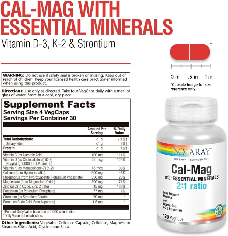 Solaray Cal-Mag con Minerales Trazas – Calcio, Magnesio, Estroncio, Vitaminas D-3 y K-2 – 120 Cápsulas Veganas