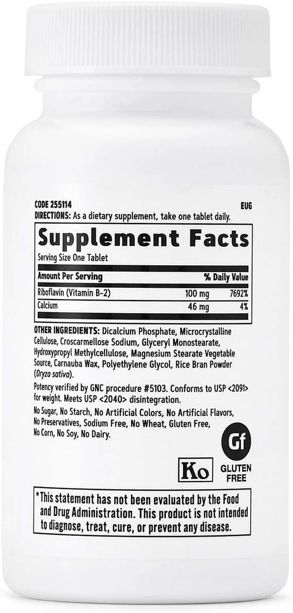 GNC Vitamina B2 100mg - Complemento de Riboflavina - 100 Comprimidos Vegetarianos