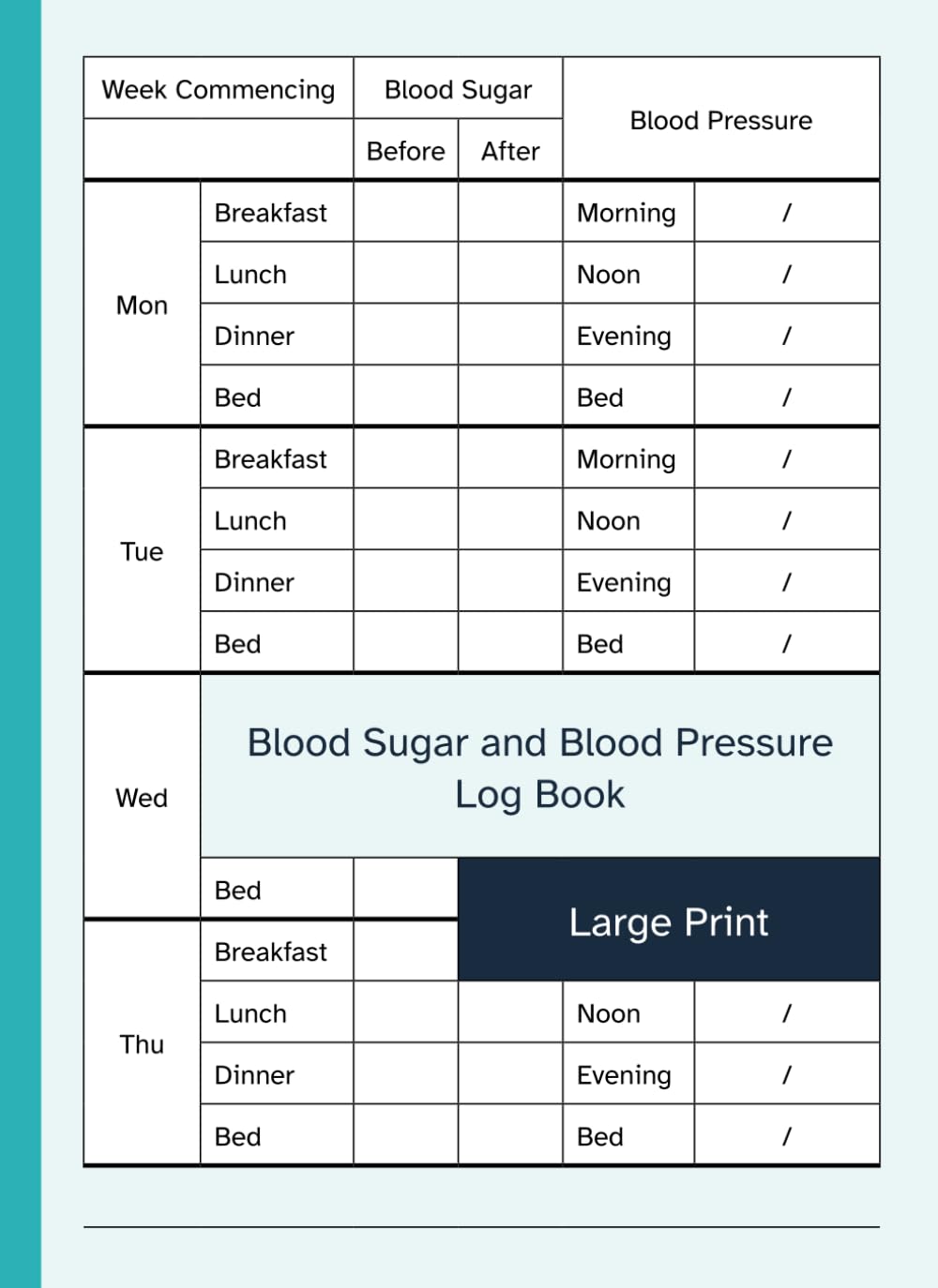 Blood Sugar and Blood Pressure Log Book Large Print: 52 Week Logbook to Record / Monitor Your Daily / Weekly Blood Glucose / Pressure Levels | Big Format / Size