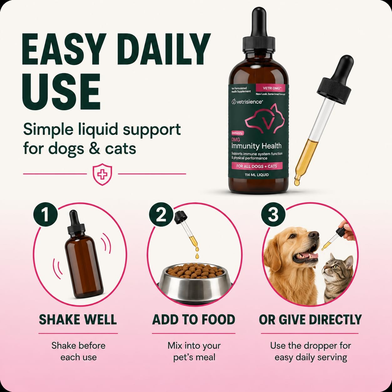VetriScience DMG Immunity Health Easy-Dose Líquido - Suplemento Inmunitario para Perros y Gatos, Hipoalergénico, 114 ml