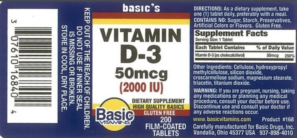 Basic Vitamins Natural Vitamin D-3 2000 IU - 200 Comprimidos Recubiertos