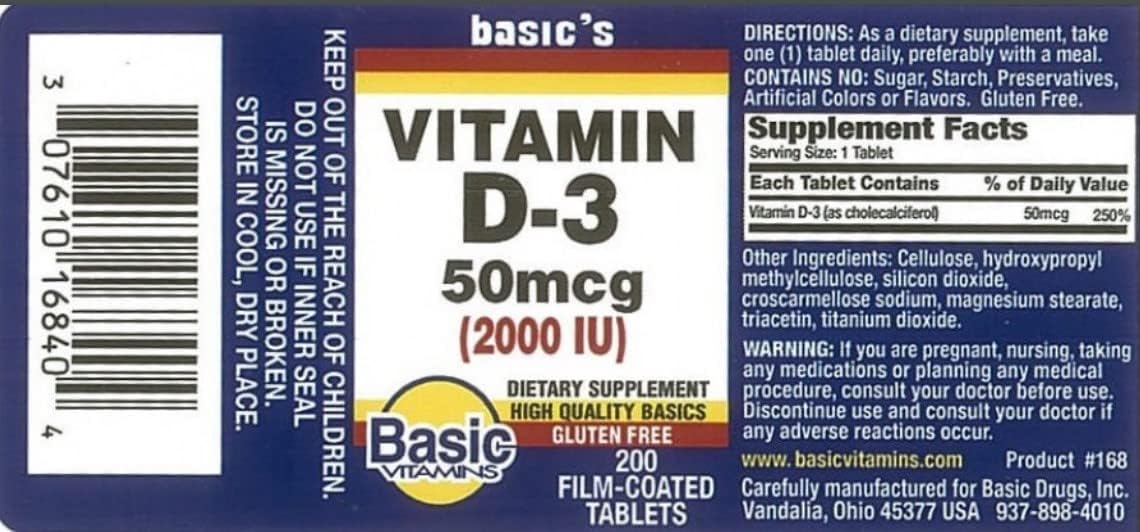 Basic Vitamins Natural Vitamin D-3 2000 IU - 200 Comprimidos Recubiertos