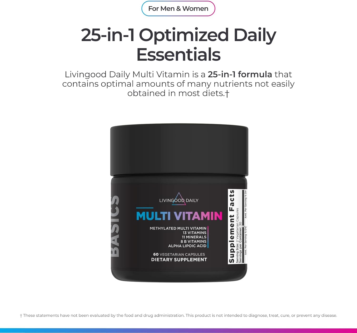 Livingood Daily Multivitamínico Metilado para Mujeres y Hombres, 60 Cápsulas