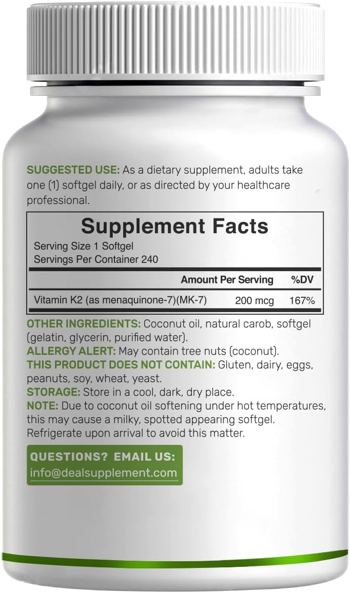 DEAL SUPPLEMENT Vitamina K2 MK-7 200mcg, 240 Cápsulas Blandas con Aceite de Coco