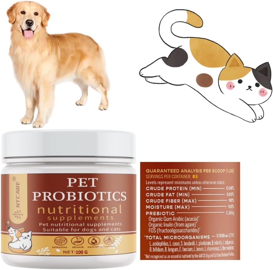 NTCARE Probióticos en Polvo para Perros y Gatos - Fórmula Veterinaria con Enzimas Digestivas y Prebióticos, 100g
