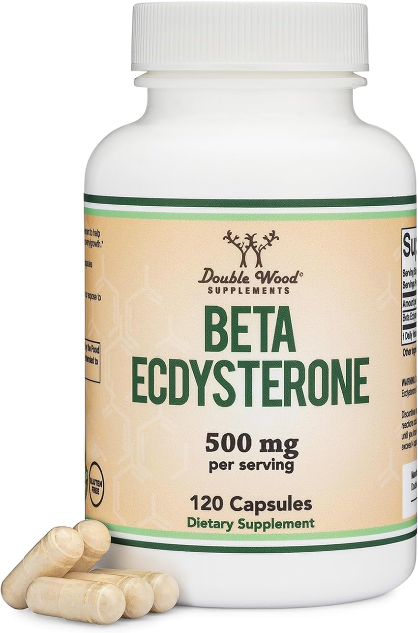 Beta Ecdysterona 500 mg por ración - 120 cápsulas - Suplemento vegetal para la salud masculina - Sin OGM y sin gluten - Double Wood