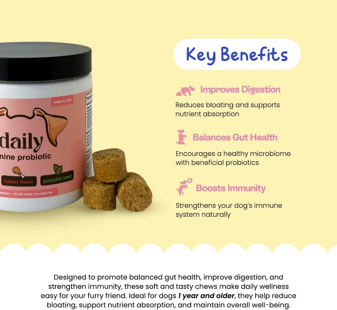 DLY Pets Probióticos para Perros - Salud Digestiva, Diarrea Ocasional - Sabor Pavo - 30 Masticables