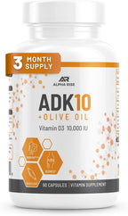 ALPHA RISE ADK 10 - Vitamina D3 10000 UI, K2 (MK7+MK4) y Vitamina A con Aceite de Oliva - 90 Cápsulas Vegetarianas - No GMO