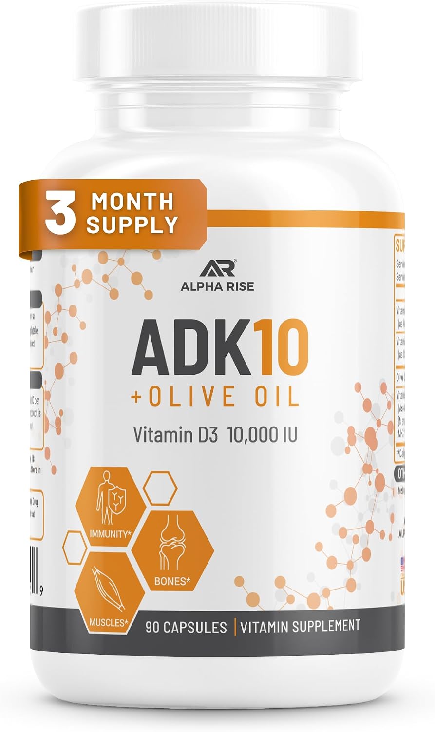 ALPHA RISE ADK 10 - Vitamina D3 10000 UI, K2 (MK7+MK4) y Vitamina A con Aceite de Oliva - 90 Cápsulas Vegetarianas - No GMO