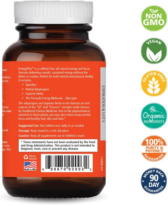 Energy Plus by Pure Essence - Suplemento de Energía Herbal Sin Cafeína - 120 Comprimidos