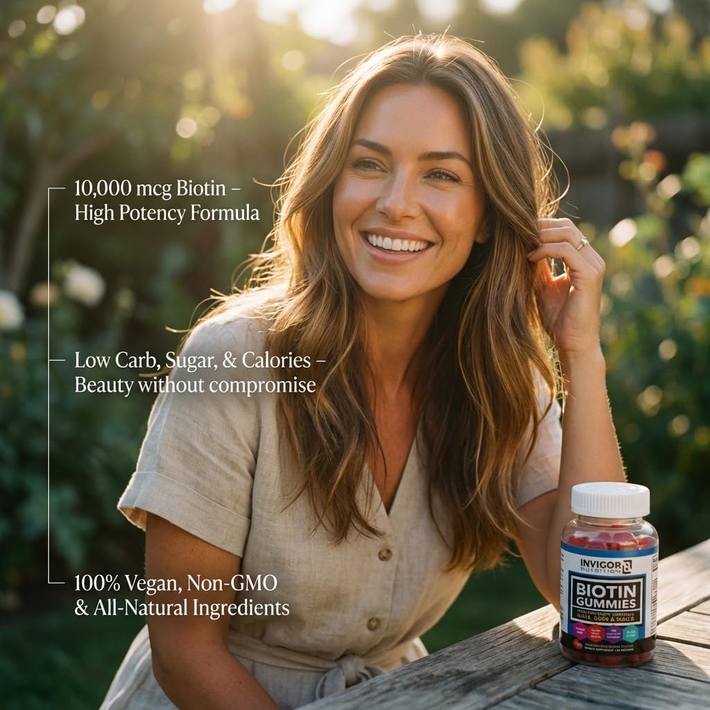 INVIGOR8 Biotin Gummies 10000mcg - Gominolas de Biotina para Cabello, Piel y Uñas - 60 Gominolas de Fresa - Vegano, Kosher, Halal