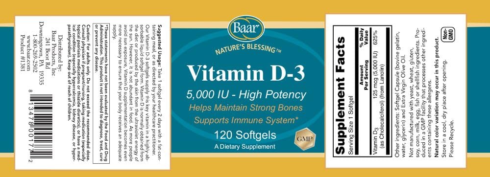 Baar Vitamina D3 5000 UI, 120 Cápsulas Blandas