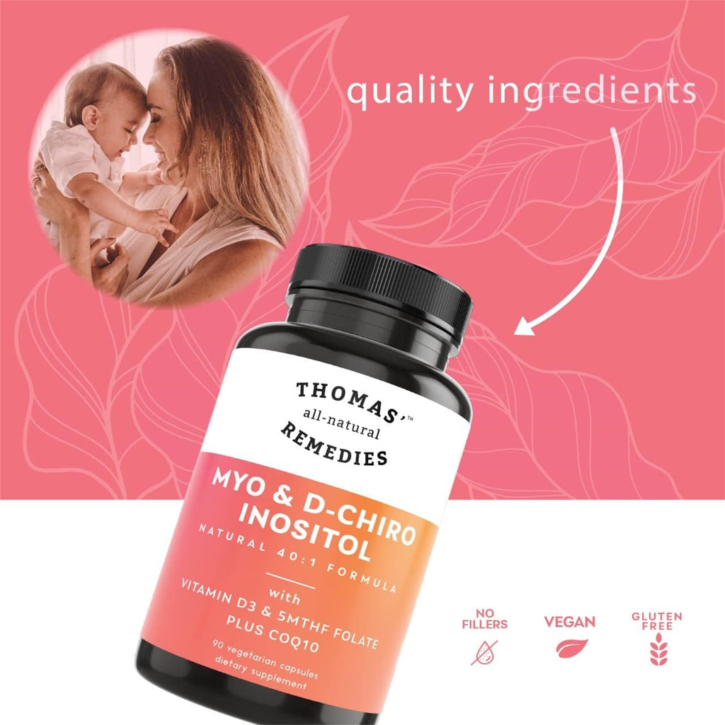 Thomas' all-natural Remedies Myo Inositol & D-Chiro Inositol 40:1 con Folato, Vitamina D3 y CoQ10 - 90 Cápsulas Veganas