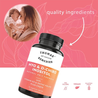 Thomas' all-natural Remedies Myo Inositol & D-Chiro Inositol 40:1 con Folato, Vitamina D3 y CoQ10 - 90 Cápsulas Veganas – Image 2