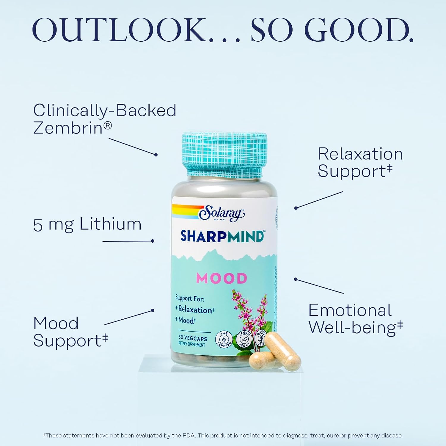Solaray SharpMind Mood: Suplemento Nootrópico con Zembrin, Albahaca Santa, Litio y Reishi Orgánico para el Bienestar Emocional (30 Cápsulas Veganas)