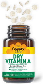 Country Life Vitamina A 10.000 UI - Apoyo Inmunológico, Salud de la Piel y Ojos - 50% Betacaroteno y 50% Palmitato de Retinilo - 100 Comprimidos