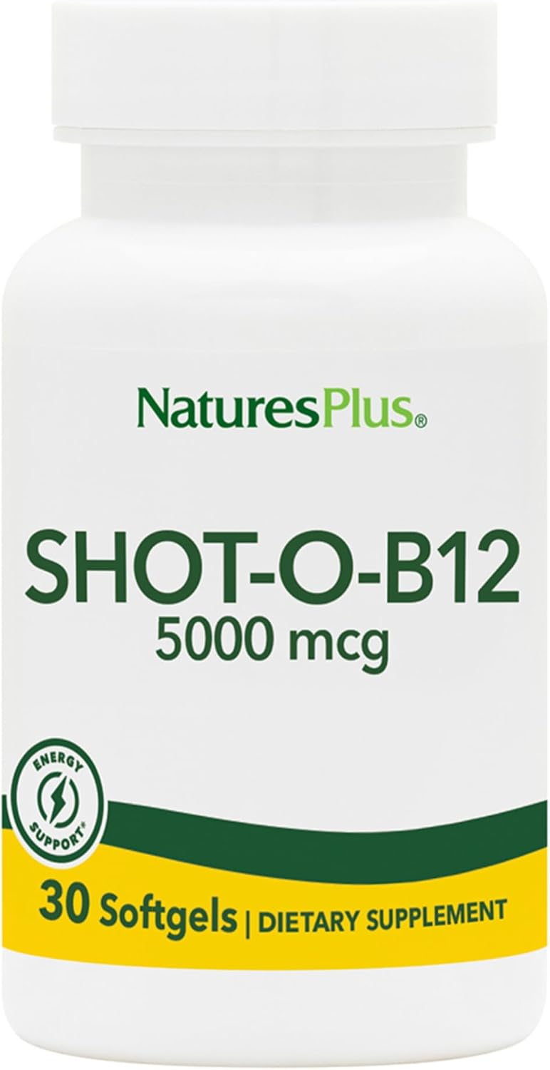 NaturesPlus Shot-O-B12 - 30 Softgels - 5000 mcg - Methylcobalamin - Gluten-Free