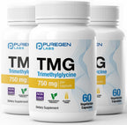 Puregen Labs TMG 750 mg – Trimetilglicina (Betaína) – Apoya niveles saludables de homocisteína – 60 cápsulas vegetales
