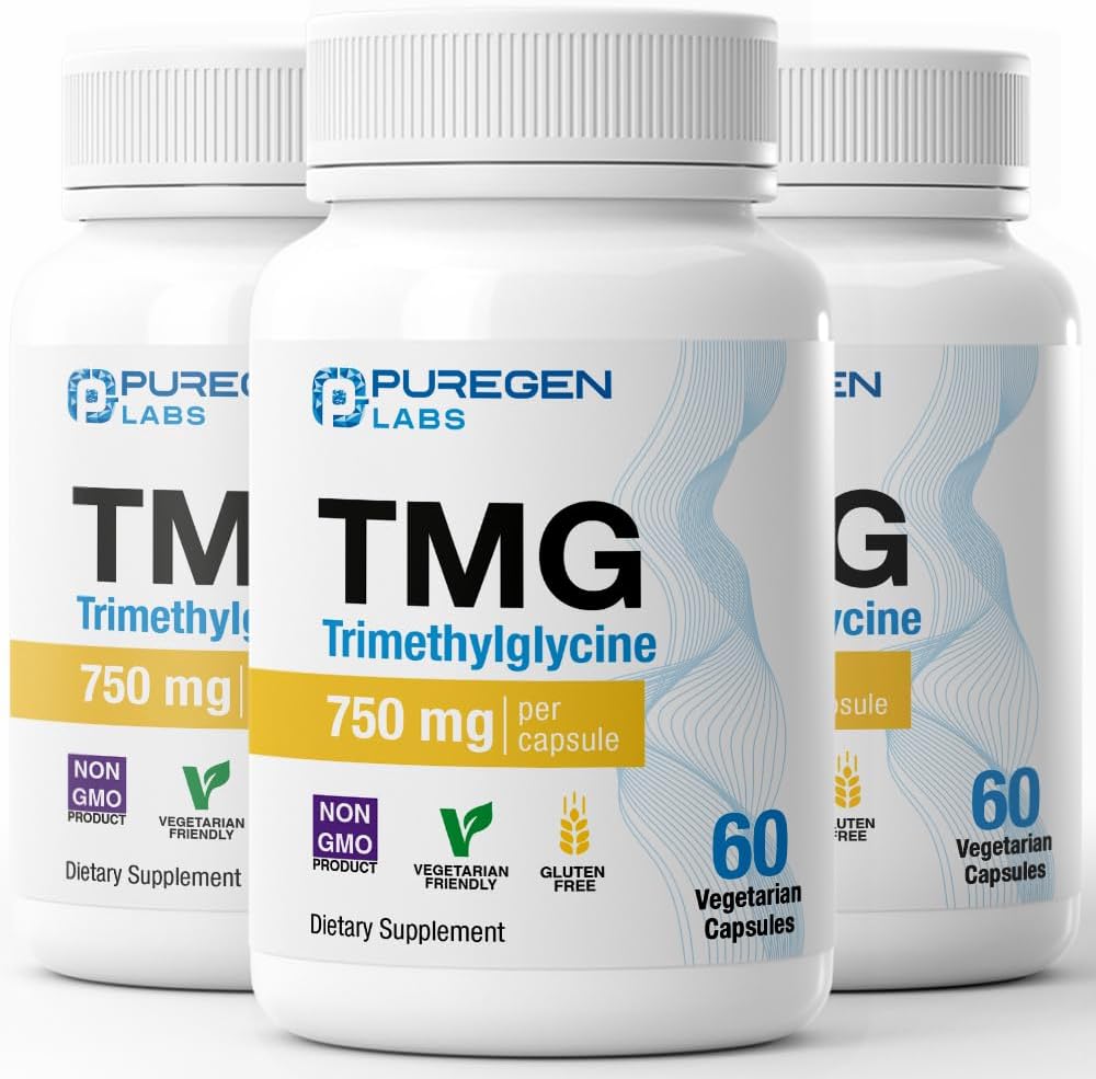 Puregen Labs TMG 750 mg – Trimetilglicina (Betaína) – Apoya niveles saludables de homocisteína – 60 cápsulas vegetales