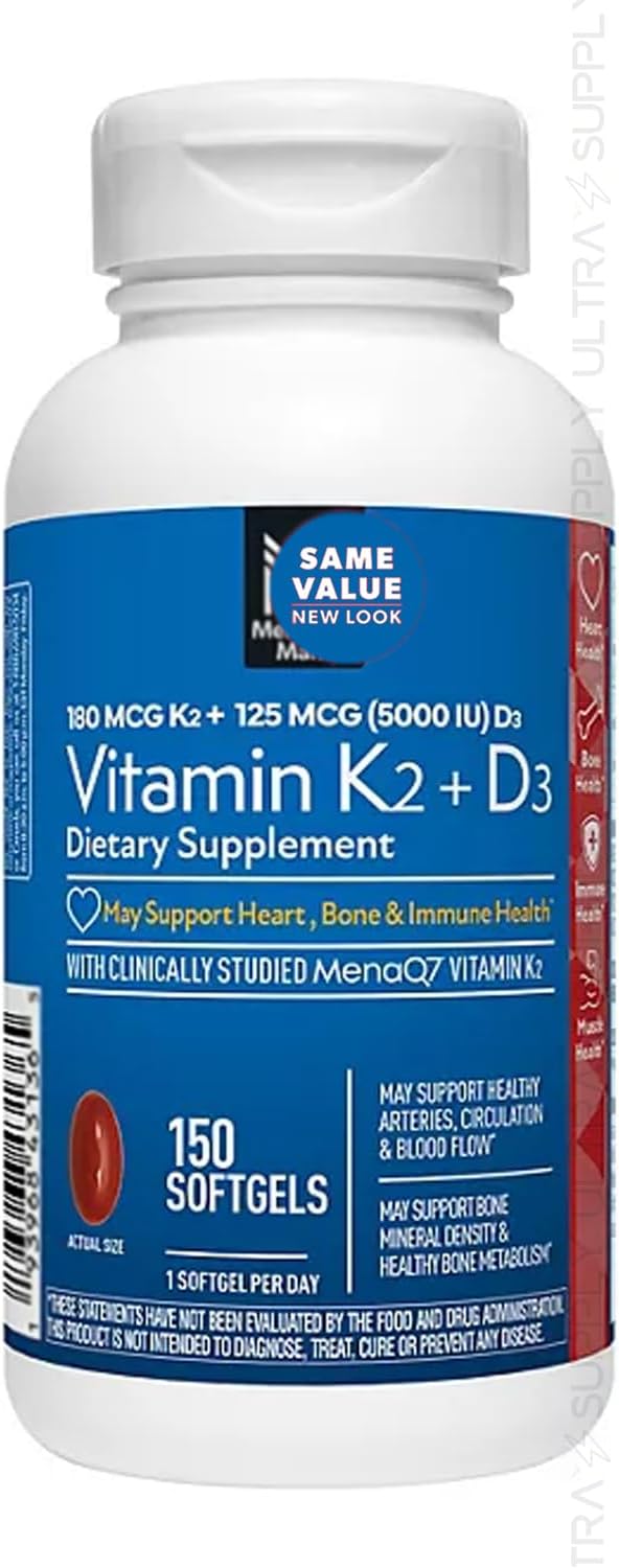 Vitamina K2 + D3 Cápsulas Blandas, 180 mcg y 125 mcg (5000 UI) | Apoyo para Huesos, Corazón e Inmunidad, con MenaQ7 MK-7