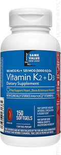 Vitamina K2 + D3 Cápsulas Blandas, 180 mcg y 125 mcg (5000 UI) | Apoyo para Huesos, Corazón e Inmunidad, con MenaQ7 MK-7