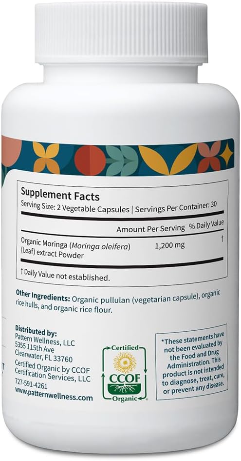 Pattern Wellness Moringa Oleifera Orgánica - 60 Cápsulas - Suplemento de Hoja Entera - Vegano, No OGM