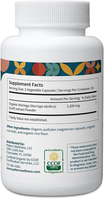 Pattern Wellness Moringa Oleifera Orgánica - 60 Cápsulas - Suplemento de Hoja Entera - Vegano, No OGM – Image 3