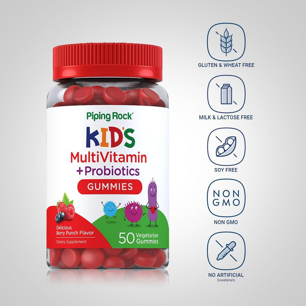 Piping Rock Kid's Multivitamin Gummies with Probiotics | 50 Berry Punch Chewables | Without Iron | Vegetarian, Non-GMO, Gluten Free Children's Supplement