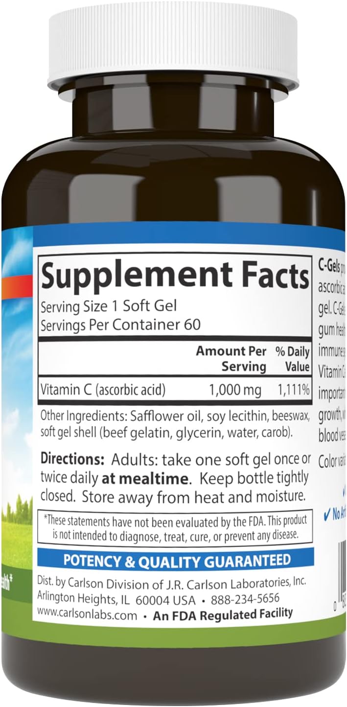 Carlson C-Gel, Vitamina C 1000 mg, Apoyo Inmunitario y Salud de los Tejidos, Antioxidante, 60 Softgels