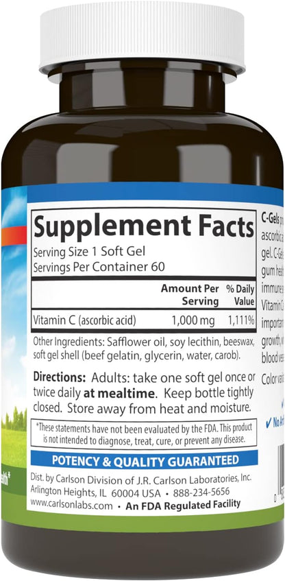 Carlson C-Gel, Vitamina C 1000 mg, Apoyo Inmunitario y Salud de los Tejidos, Antioxidante, 60 Softgels – Image 2