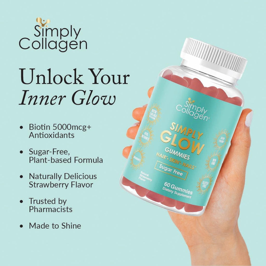 Simply Collagen® Simply Glow Gominolas para Cabello, Piel y Uñas – Vegano, Sin Azúcar, Sin Gluten – Biotina 5000 mcg – 60 unidades