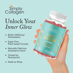 Simply Collagen® Simply Glow Gominolas para Cabello, Piel y Uñas – Vegano, Sin Azúcar, Sin Gluten – Biotina 5000 mcg – 60 unidades
