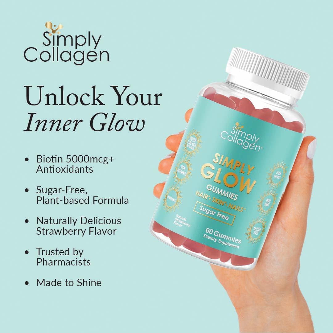 Simply Collagen® Simply Glow Gominolas para Cabello, Piel y Uñas – Vegano, Sin Azúcar, Sin Gluten – Biotina 5000 mcg – 60 unidades