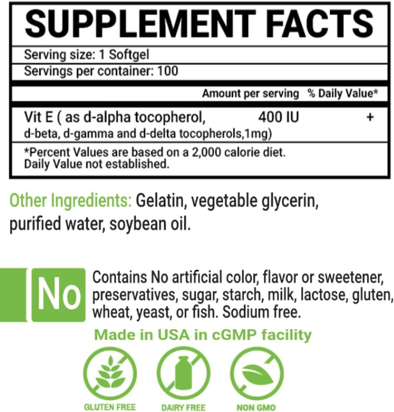 Peter's Choice Natural Vitamin E 400 UI, 100 Cápsulas Blandas - Antioxidante y Apoyo a la Piel, Sin Gluten