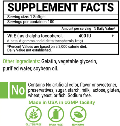 Peter's Choice Natural Vitamin E 400 UI, 100 Cápsulas Blandas - Antioxidante y Apoyo a la Piel, Sin Gluten – Image 2