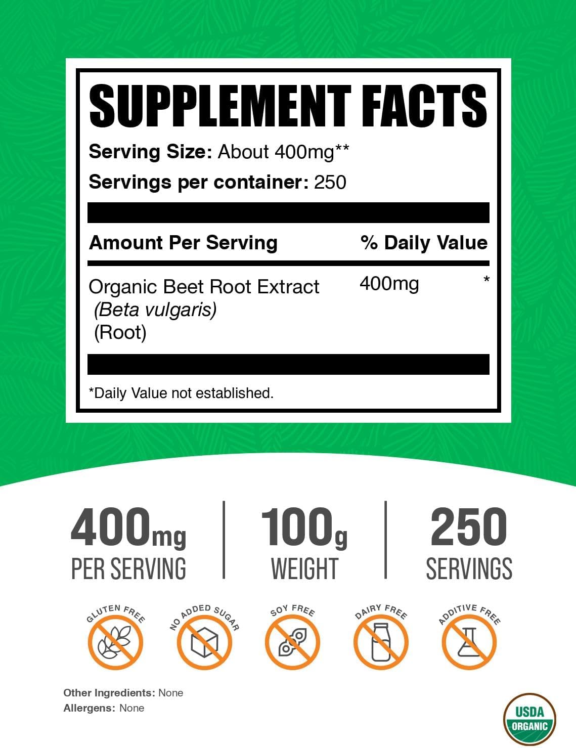 Extracto de Remolacha Orgánica en Polvo - 400mg por Servicio - 100g (3.5 oz)