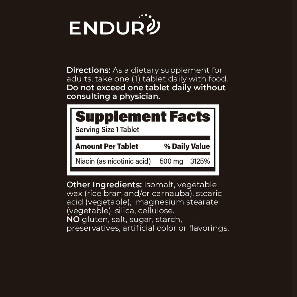 Endur Niacin IR (Immediate Release) Nicotinic Acid 500 mg, 100 Tablets