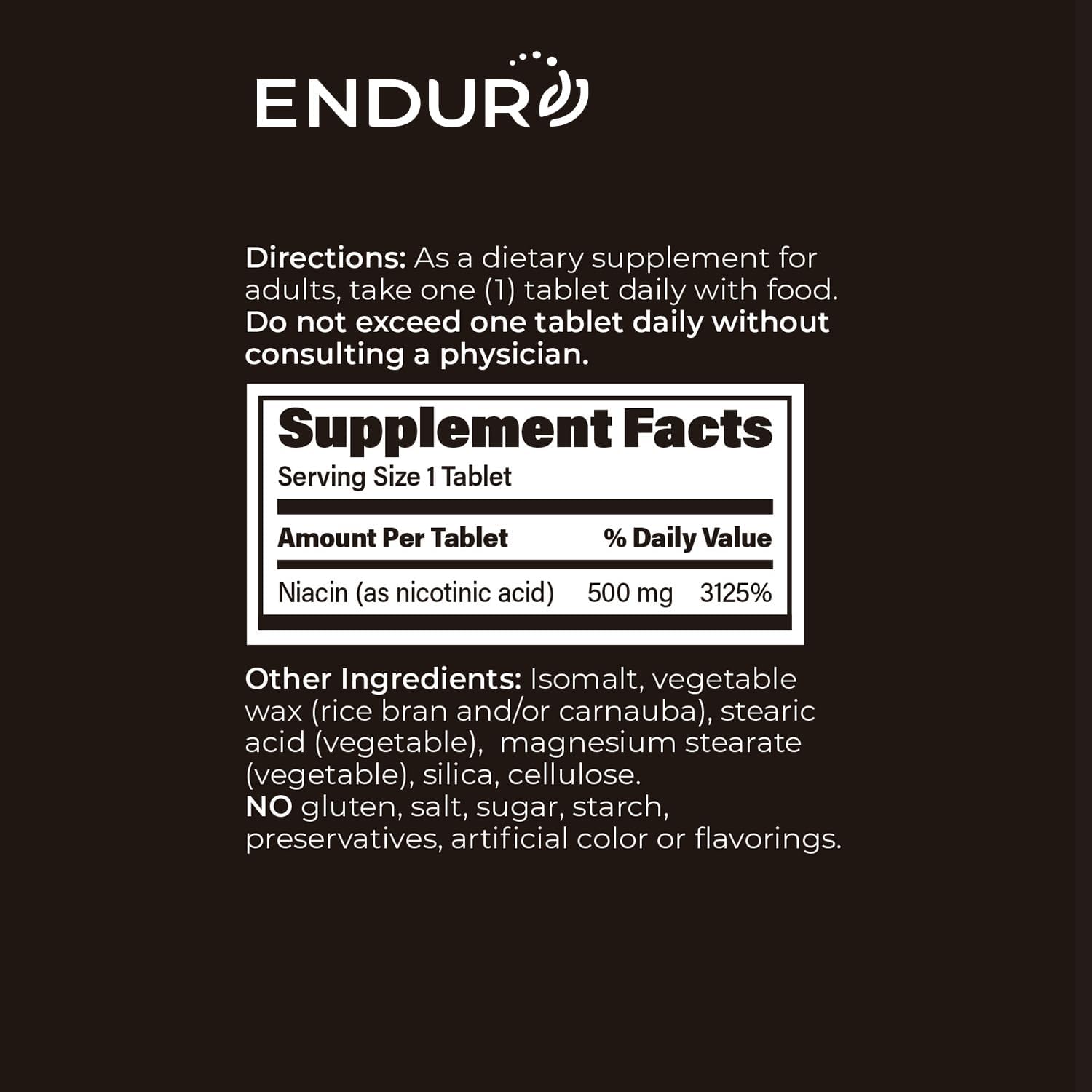Endur Niacin IR (Immediate Release) Nicotinic Acid 500 mg, 100 Tablets