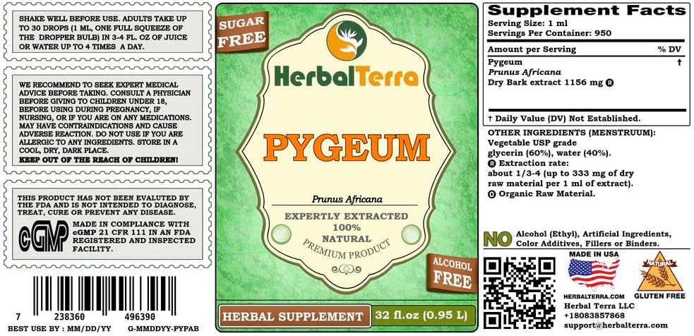 African Cherry Pygeum (Prunus Africana) Glycerite, Dried Bark Alcohol-Free Liquid Extract, 32 fl oz (946 ml)