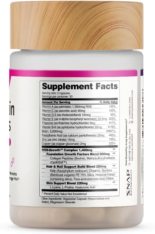 Snap Supplements Vitaminas para Cabello, Piel y Uñas con Biotina, Colágeno, Kelp y Bambú, 60 Cápsulas