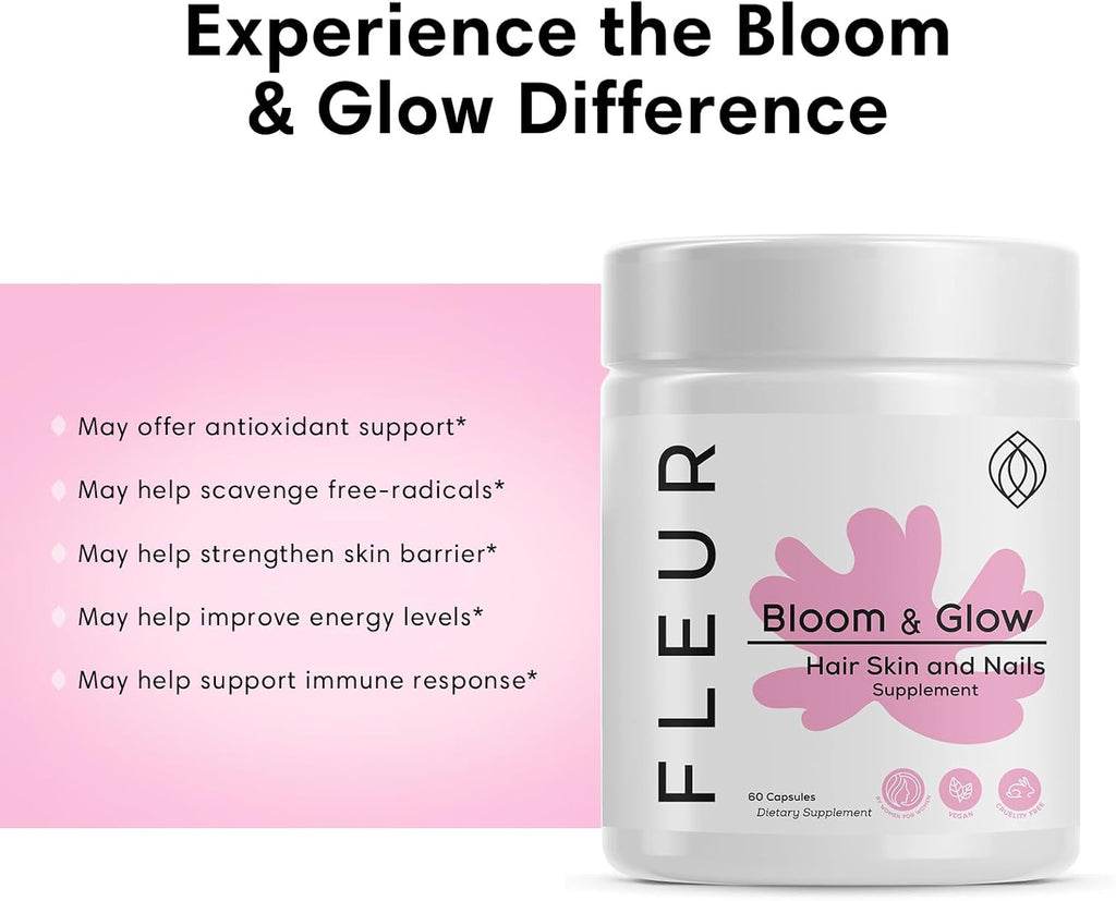 FLEUR Bloom & Glow Gummies para Cabello, Piel y Uñas - Suplemento con Biotina e Inositol - 60 Gominolas Veganas Sin Azúcar