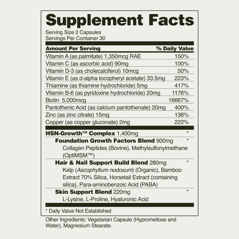 Snap Supplements Vitaminas para Cabello, Piel y Uñas con Biotina, Colágeno, Kelp y Bambú, 60 Cápsulas