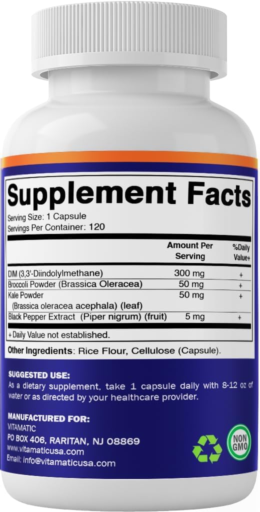 Vitamatic Complejo de DIM 300mg - 120 Cápsulas Veganas - con Brócoli, Kale y Pimienta Negra - No-GMO y Sin Gluten